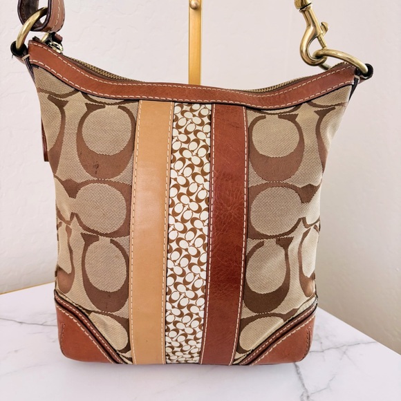 Coach Brown Leather Signature C Hampton Canvas Stripe Shoulder Bag Handbag 10542 - Picture 2 of 11